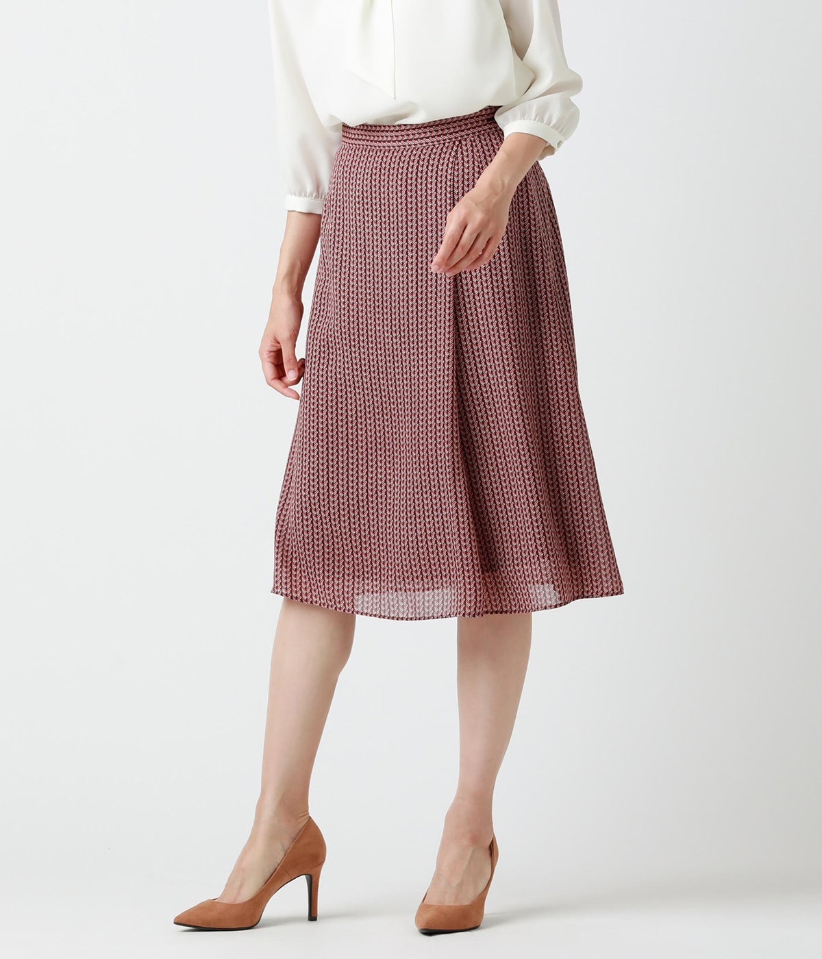 【L】幾何学ヘリンボーンプリント ラップ風デザインスカート
