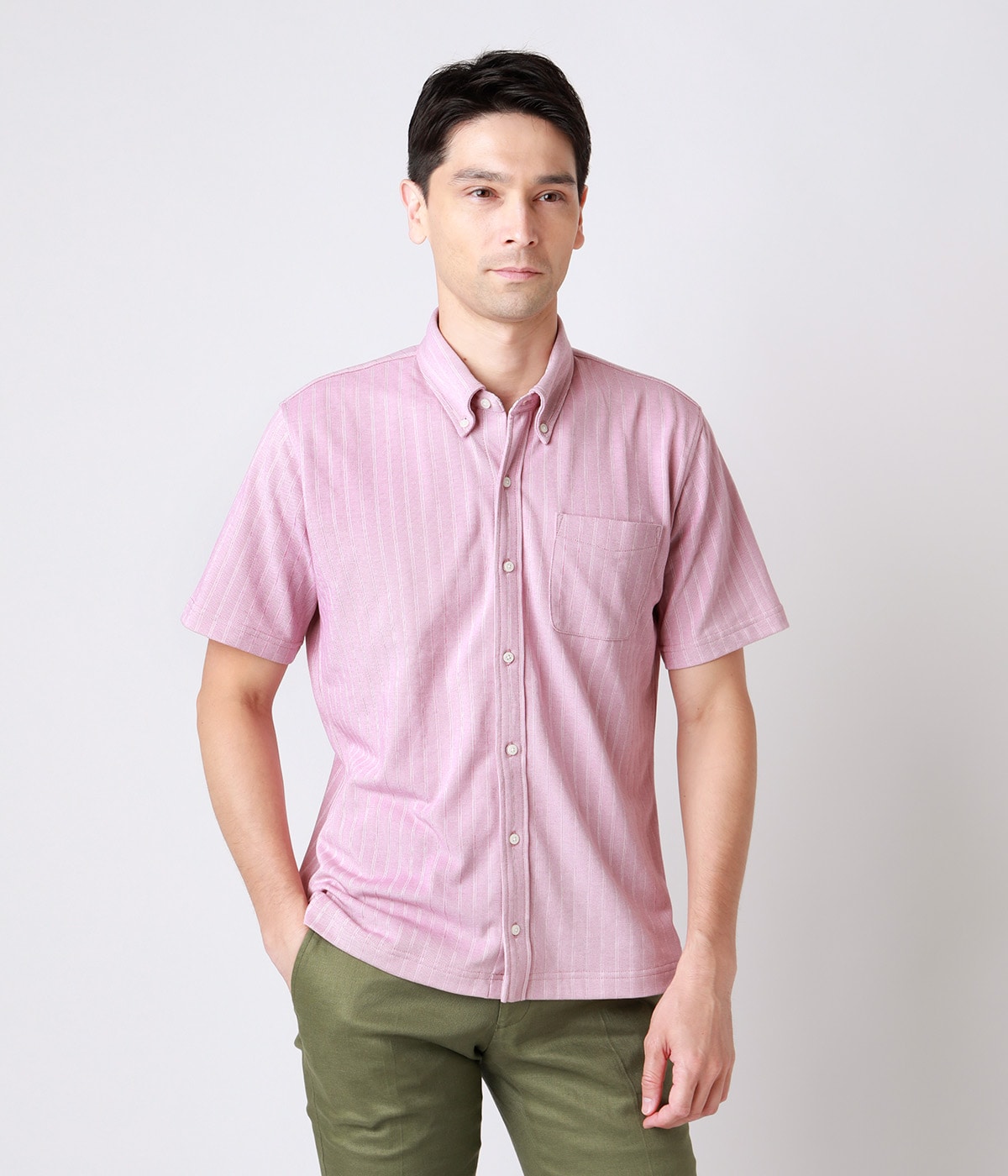 【COOL COMFORT(通気性・吸水性)】ストライプジャカード 半袖ボタンダウンポロシャツ