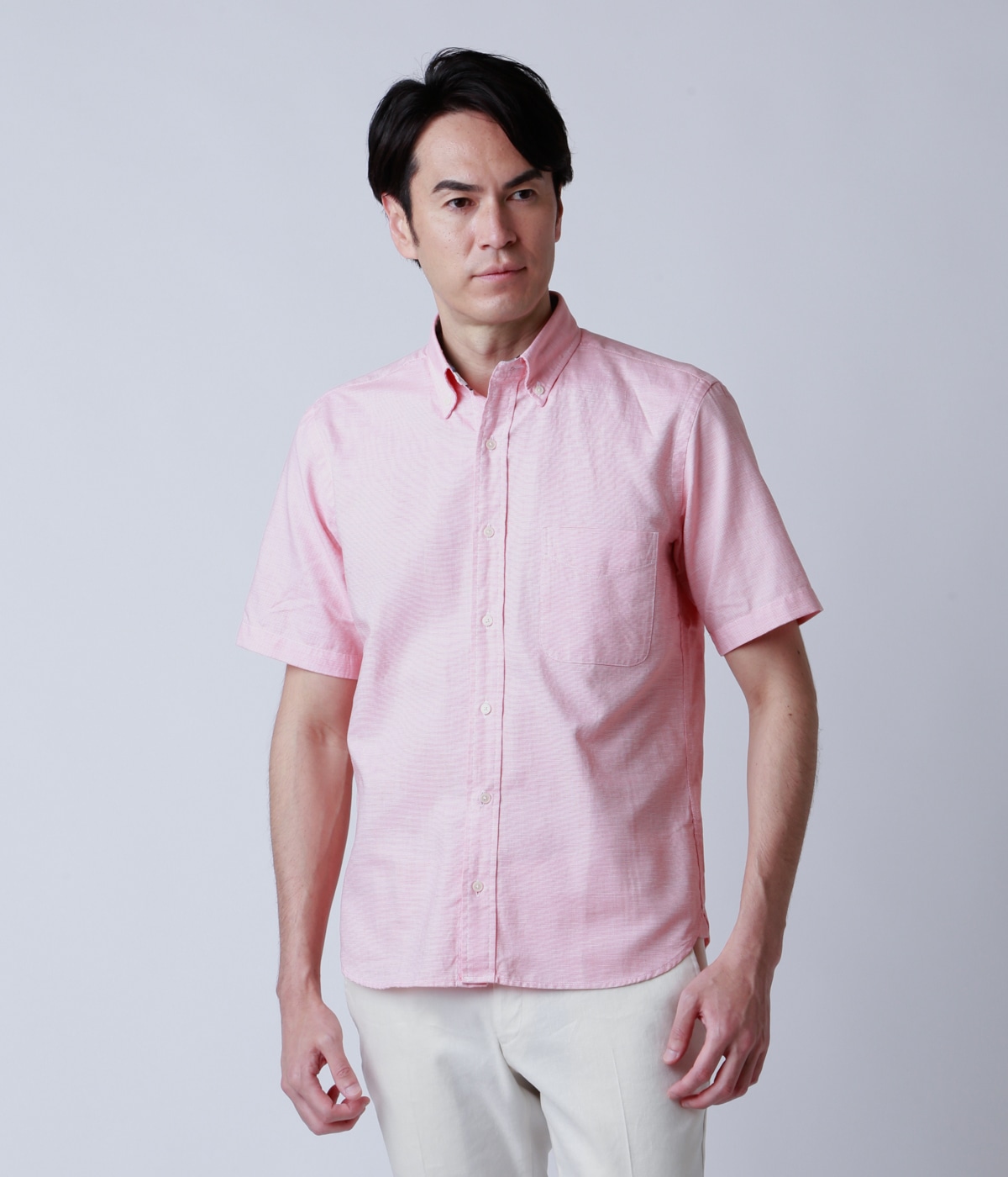 【COOL COMFORT(通気性・吸水性)】綿麻ピンチェック 半袖ボタンダウンシャツ