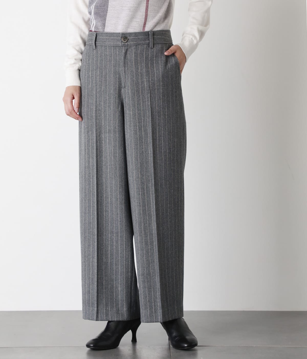 【L】ストライプフラノ センタープレスパンツ