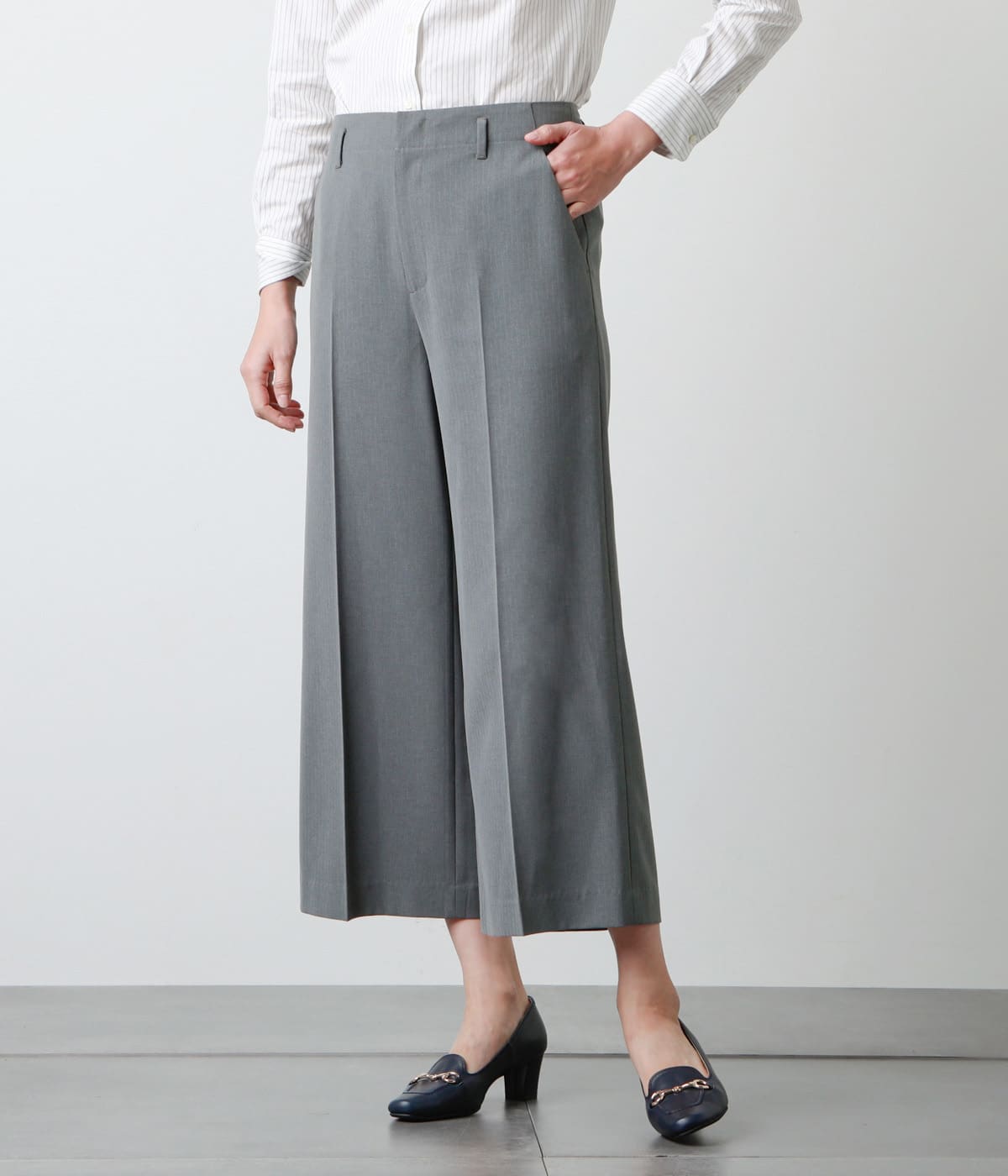 【L】ウォッシャブルシャドーストライプ セミワイドパンツ