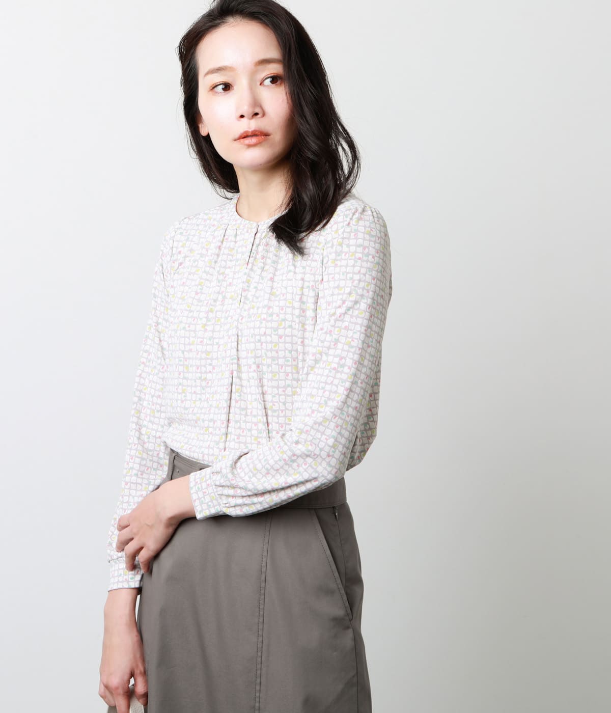 【Ｌ】強撚スムース 格子プリントブラウスデザインカットソー