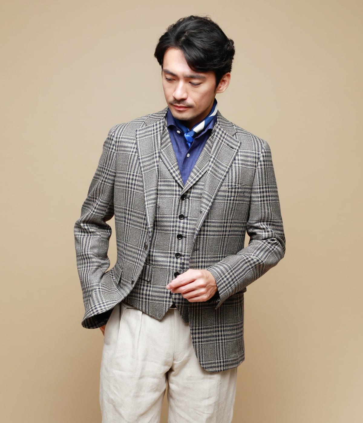【Loro Piana・LINEN TWEED】グレンチェックジャケット サイドベンツ クロスビーモデル(段返り3ボタン) 【Loro Piana・LINEN TWEED】グレンチェックジャケット サイドベンツ クロスビーモデル(段返り3ボタン)