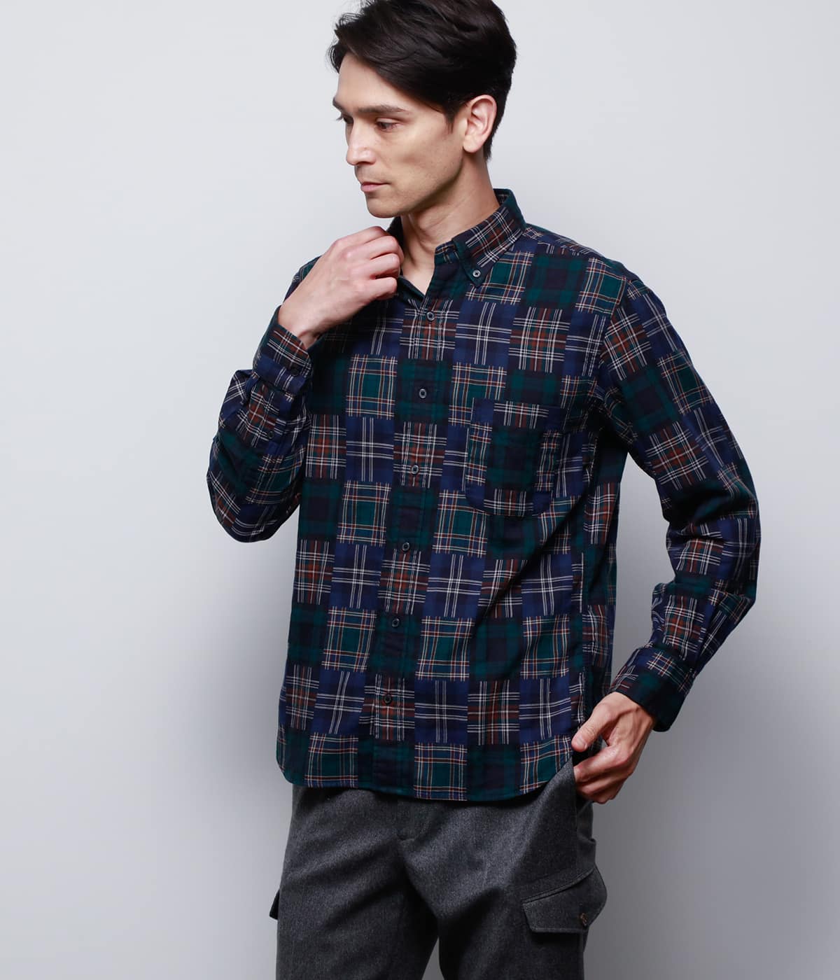 MAATEE\u0026SONS 22AWコットンシルク ボタンダウン シャツ 2 千鳥柄