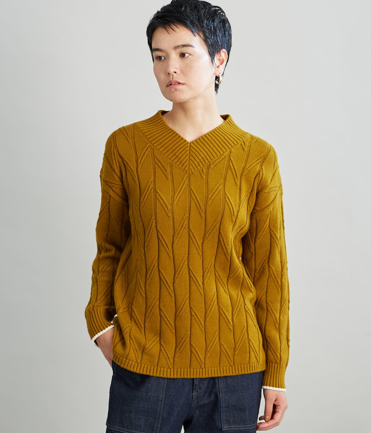 【手洗い可能】Traceable Organic Cotton Wool ケーブル柄Vネックニット