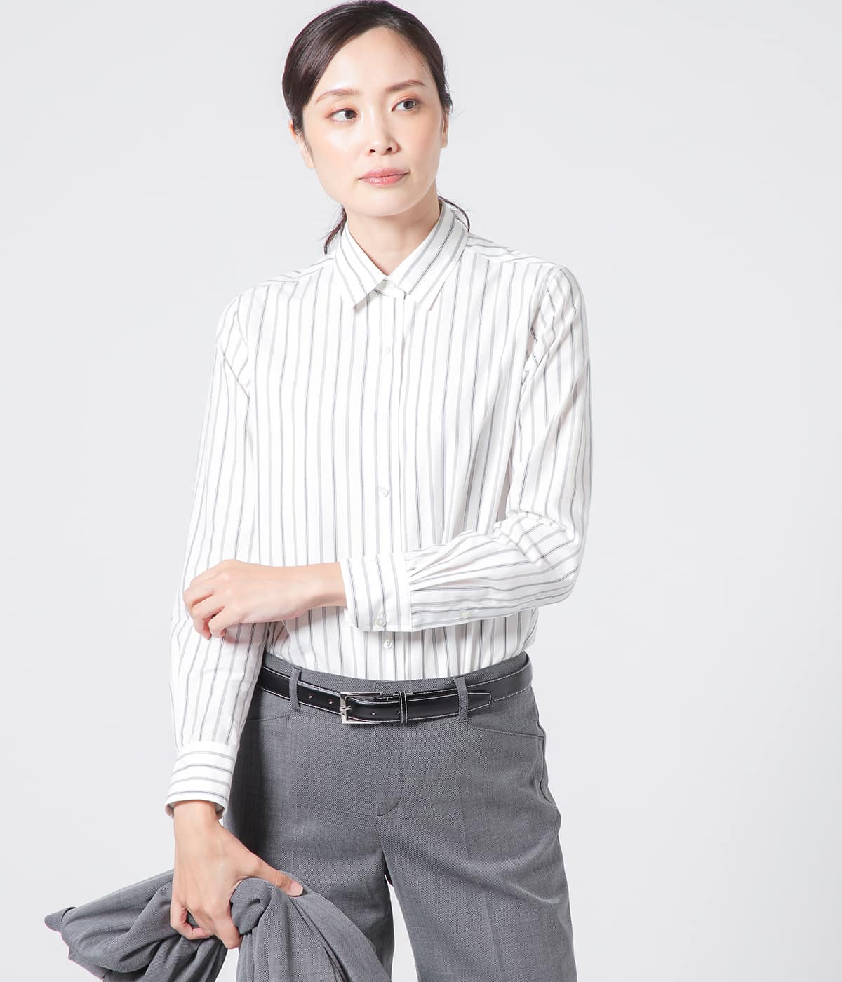 【L】ストライプ ハンサムフィットヨーク切替長袖シャツ