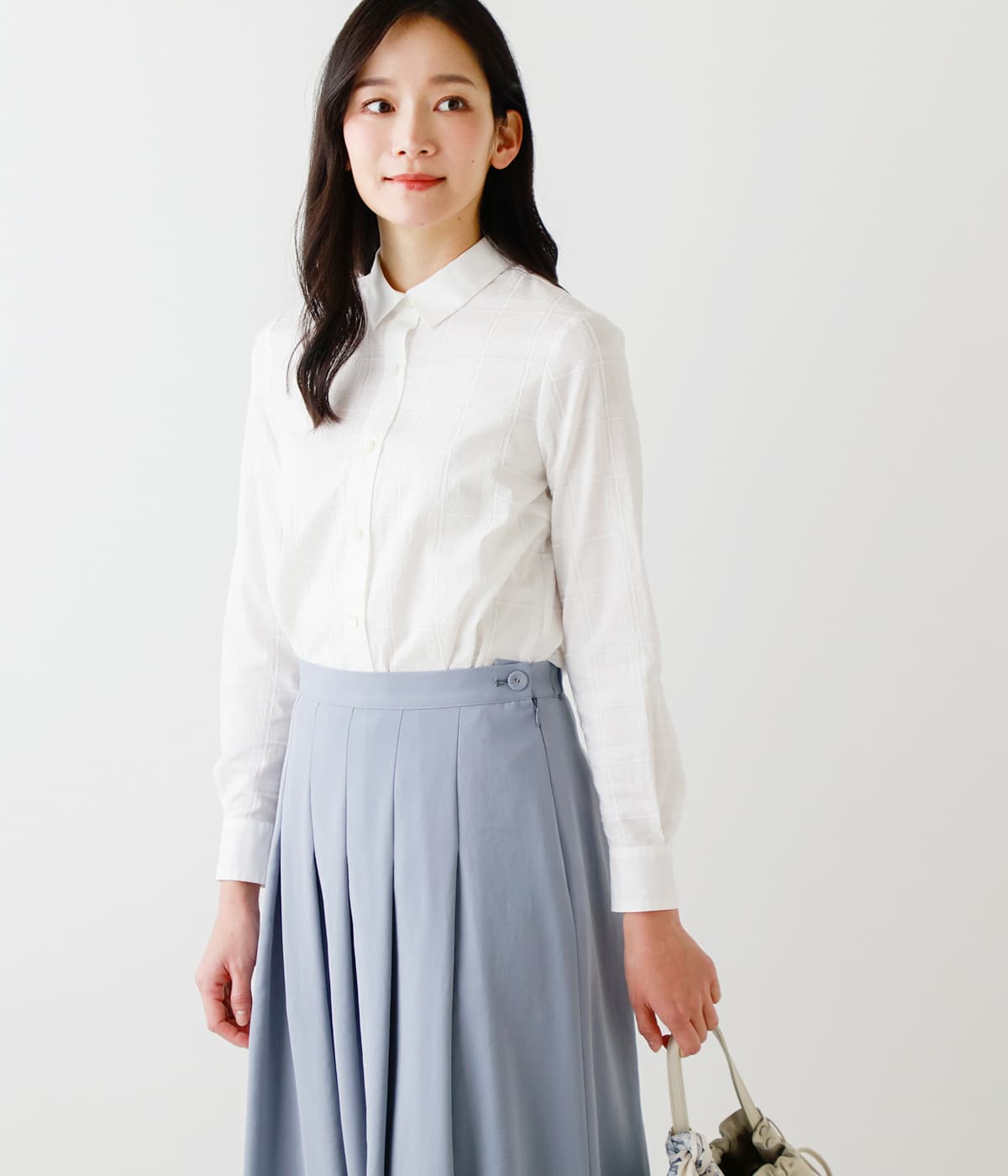 【L】クロスチェック刺繍 長袖シャツブラウス