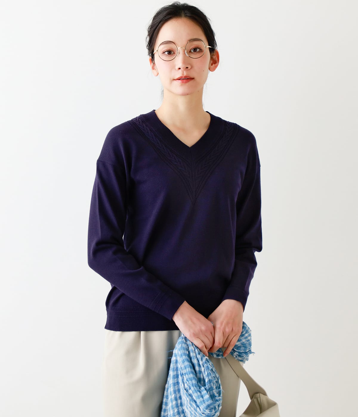 【L】ポリコットン 12チルデン風Vネックニット