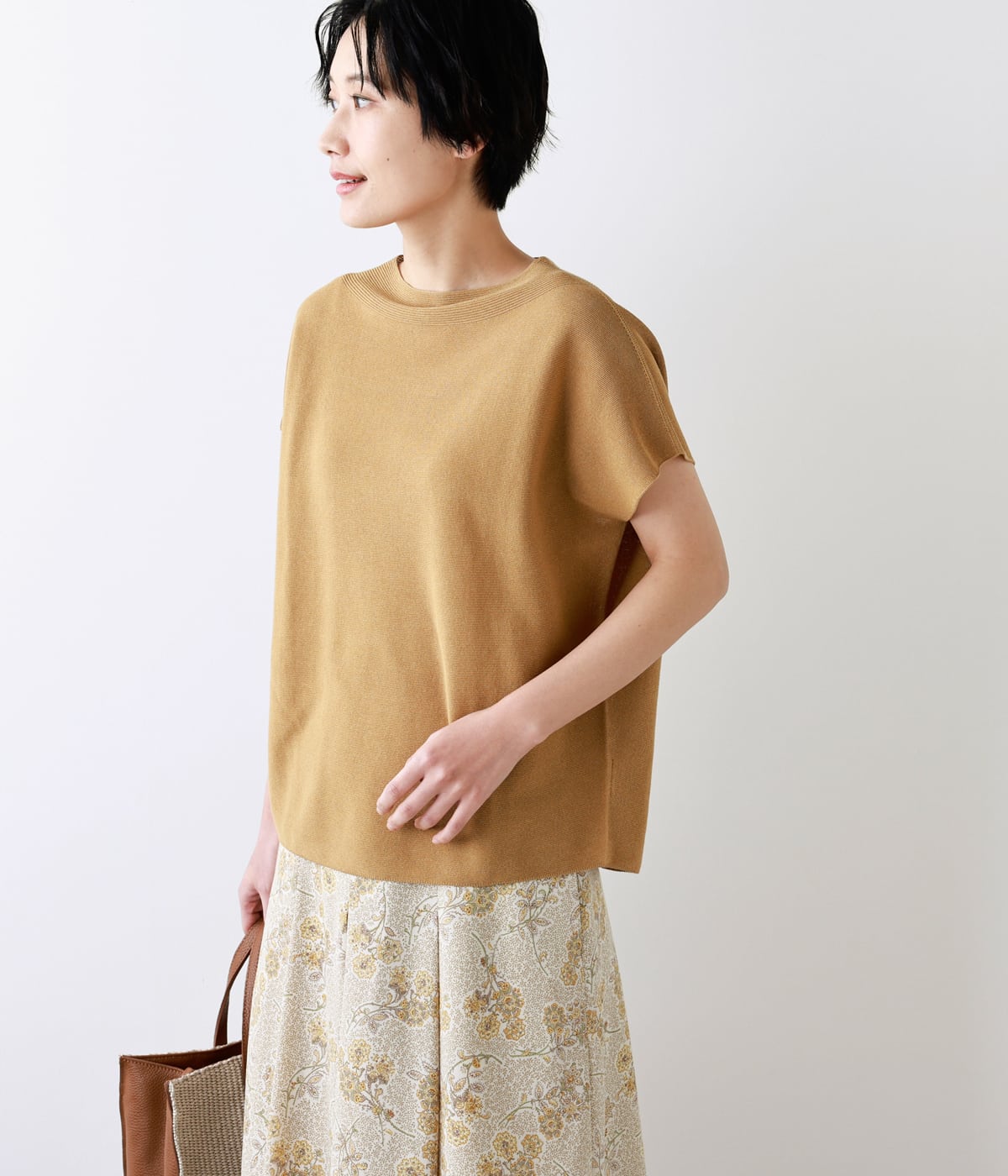 【L】和紙コットン天竺 ホールガーメント フレンチスリーブニット