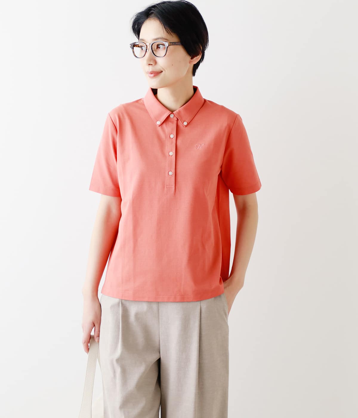 【L】リネンライク鹿の子ポロシャツ ローズピンク