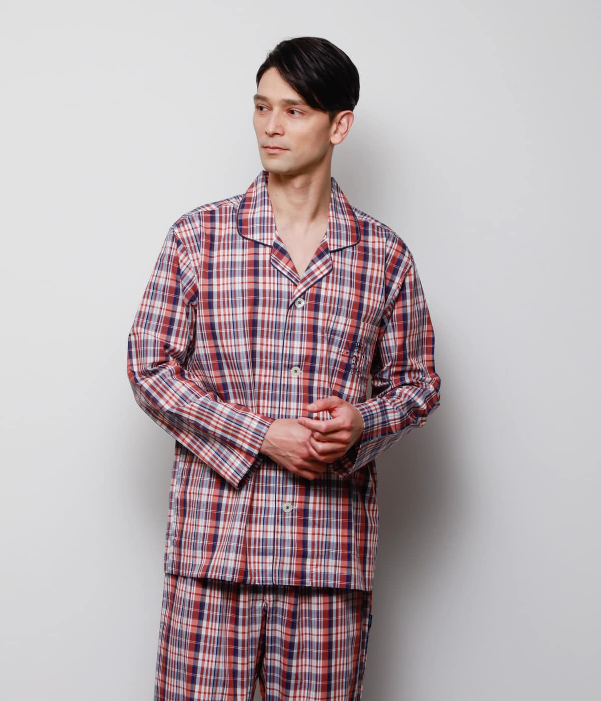 【店舗限定】平織チェック 長袖テーラードパジャマ