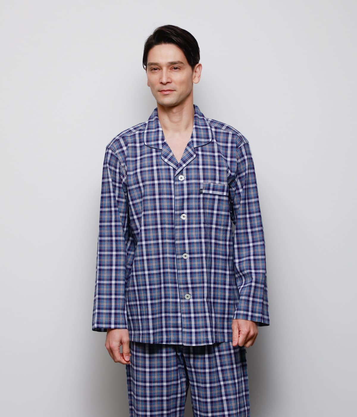 【店舗限定】楊柳チェック 長袖テーラードパジャマ
