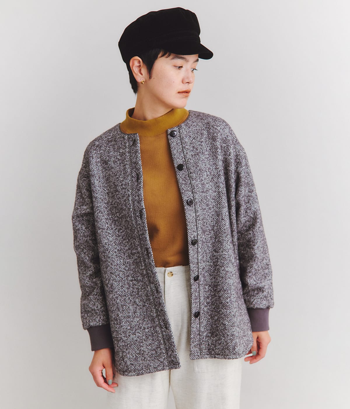 NEWYORKERのHerringbone Tweed ノーカラーコート