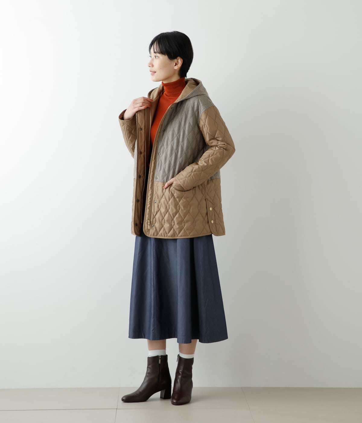 千鳥&タフタ切り替え キルティングコート(51559251-2023