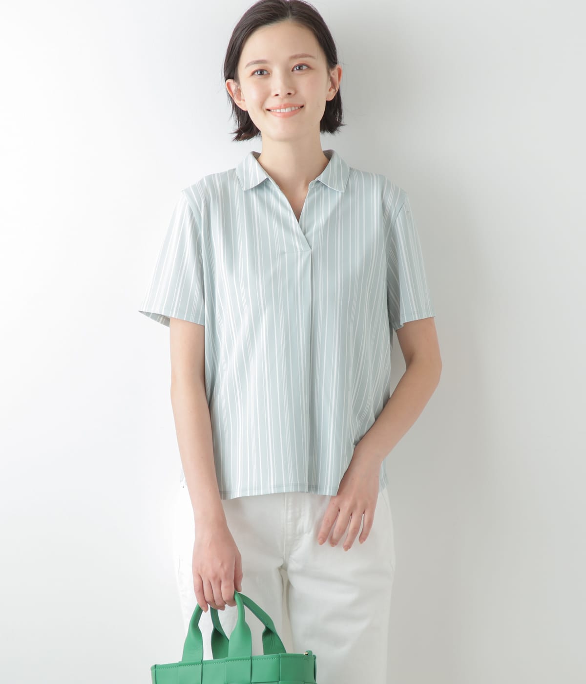 【L】強撚スムース ストライププリント スキッパーカラー半袖プルオーバー
