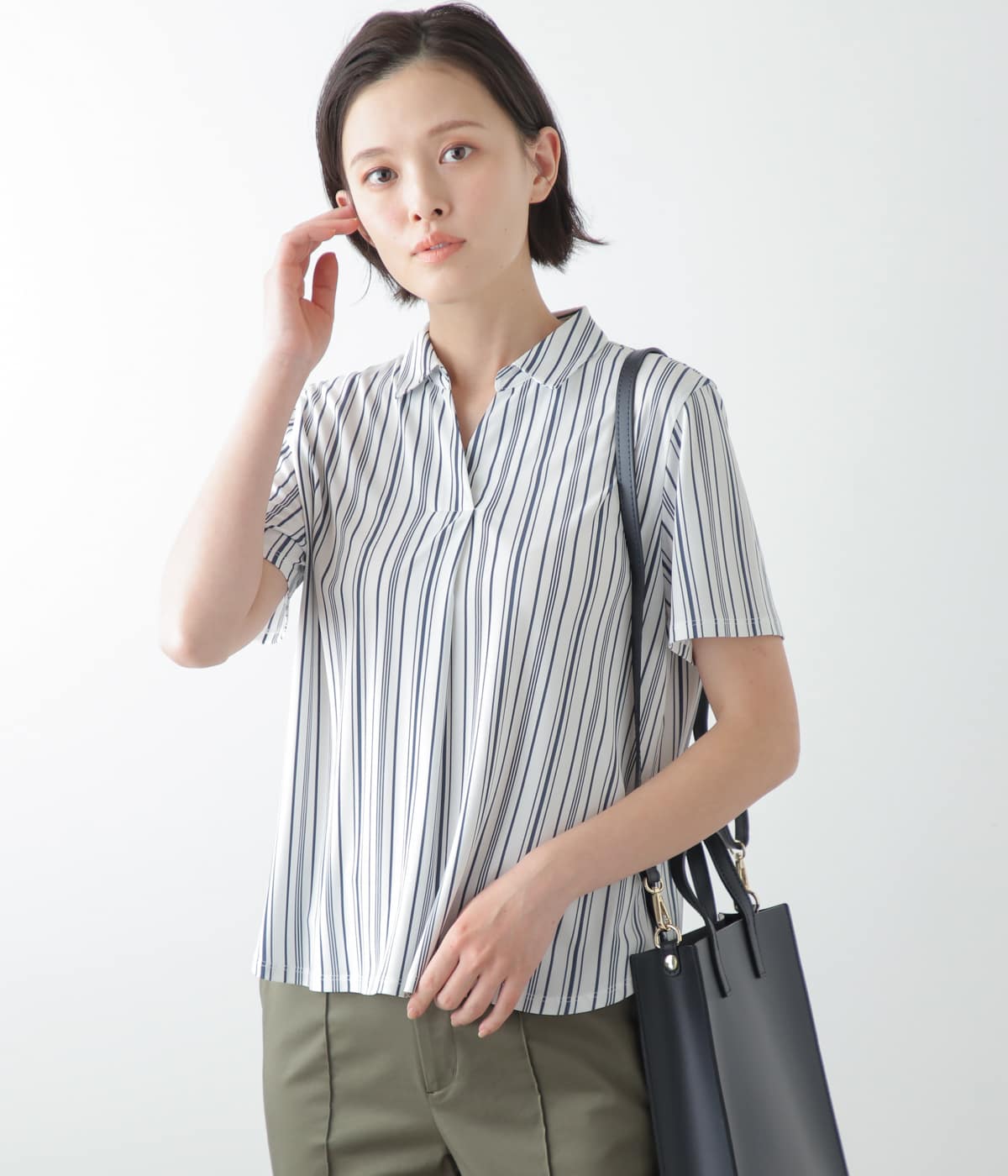 【L】強撚スムース ストライププリント スキッパーカラー半袖プルオーバー