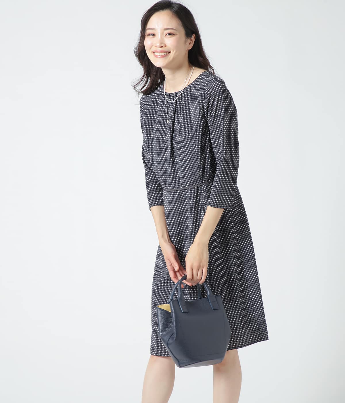 【L】モザイクプリント 7分袖ワンピース