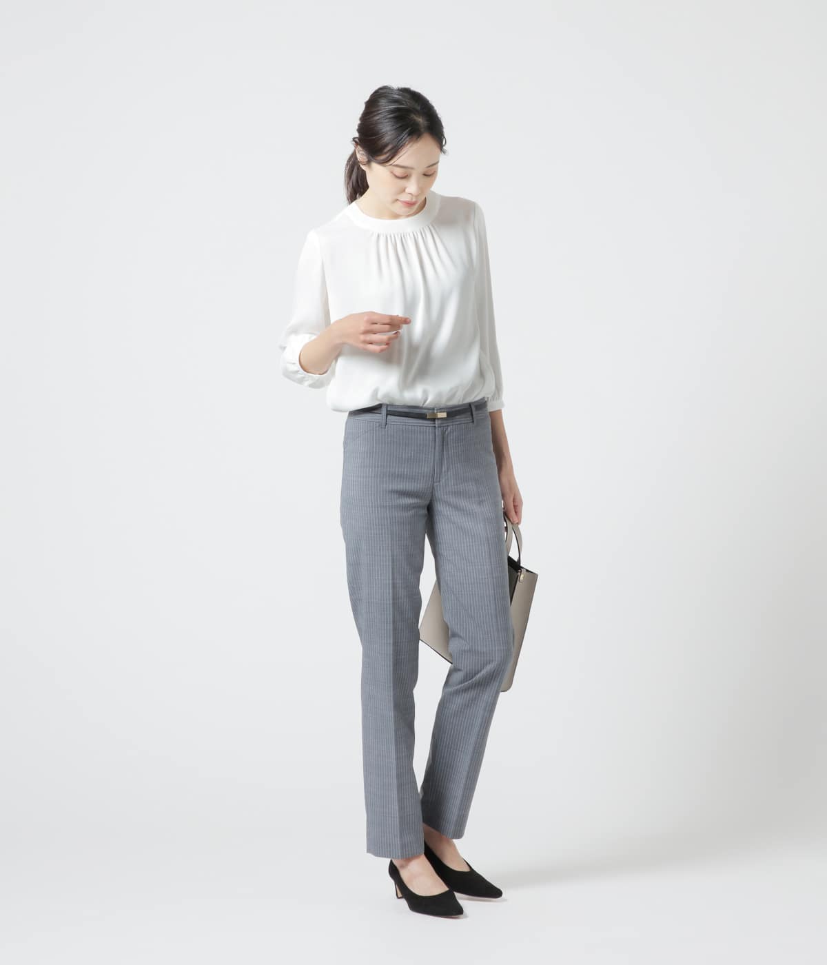 【L】バックサテンジョーゼット 7分袖ギャザーブラウス