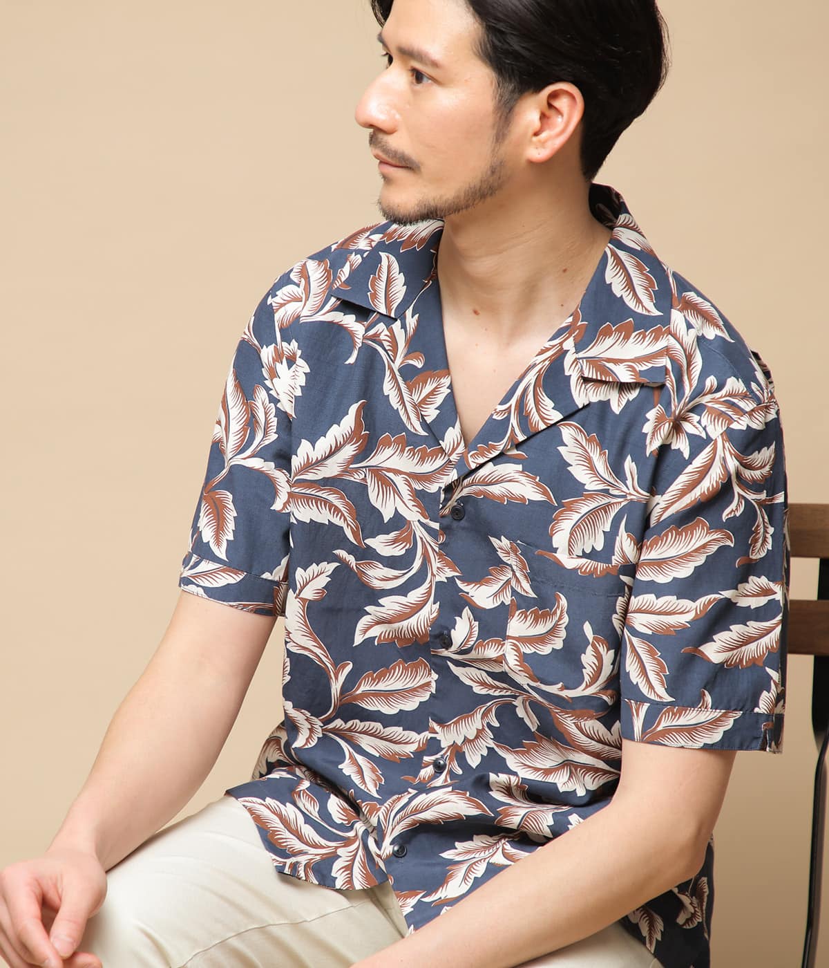 リーフアロハモチーフプリント 半袖オープンカラーシャツ ブルー