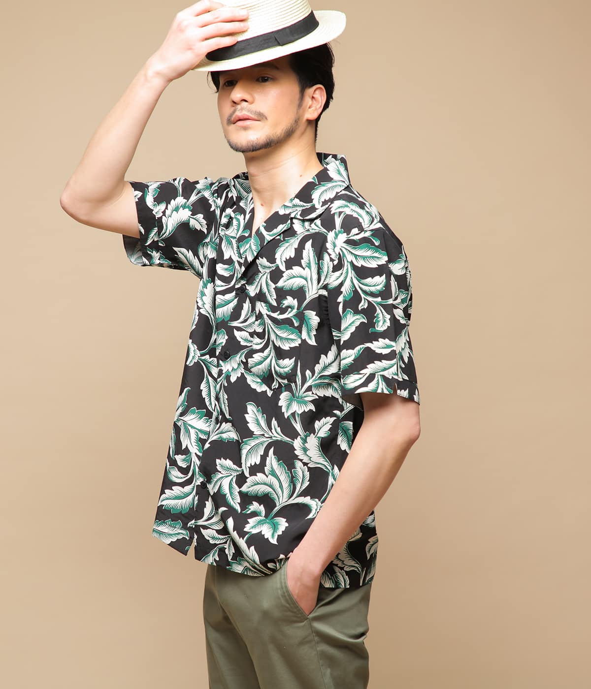 リーフアロハモチーフプリント 半袖オープンカラーシャツ