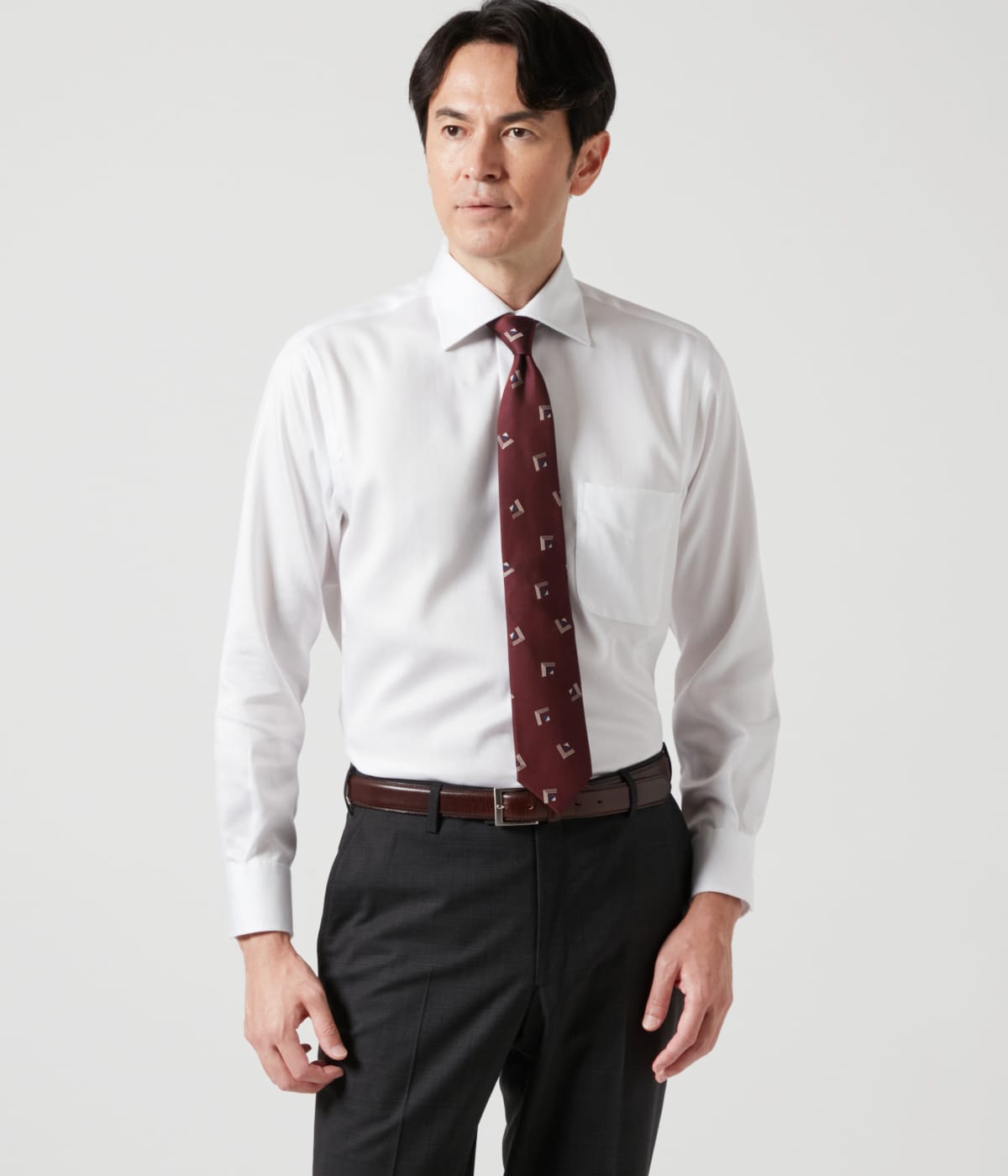 NY CARE FREE ヘリンボーン 長袖ワイドスプレッドカラーシャツ