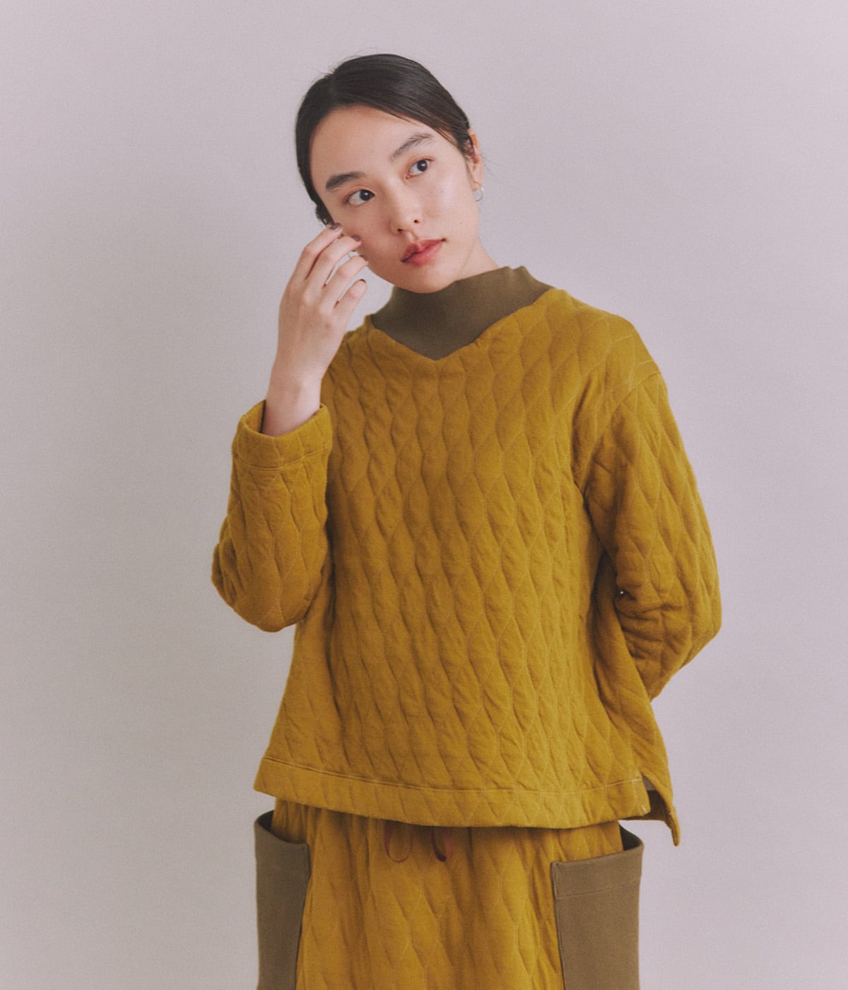Military Quilted Jacquardリブボトルネック プルオーバー