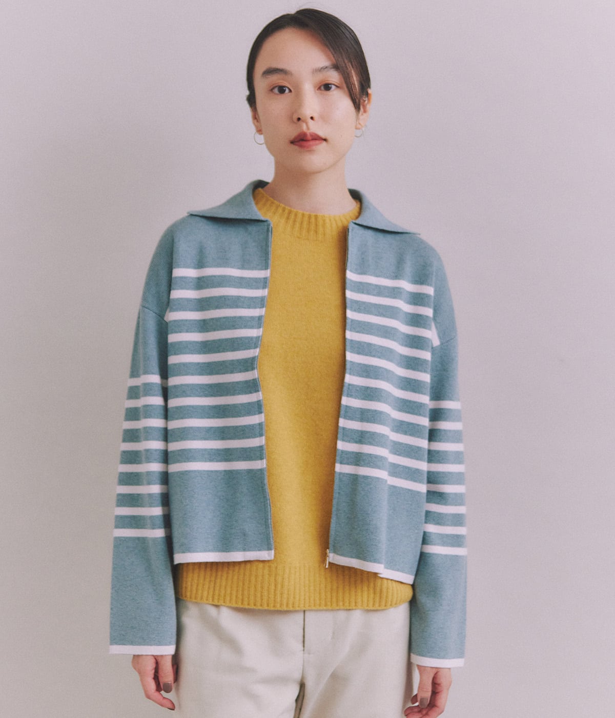 NEWYORKERのBLENDED COTTON 襟付きボーダーカーディガン
