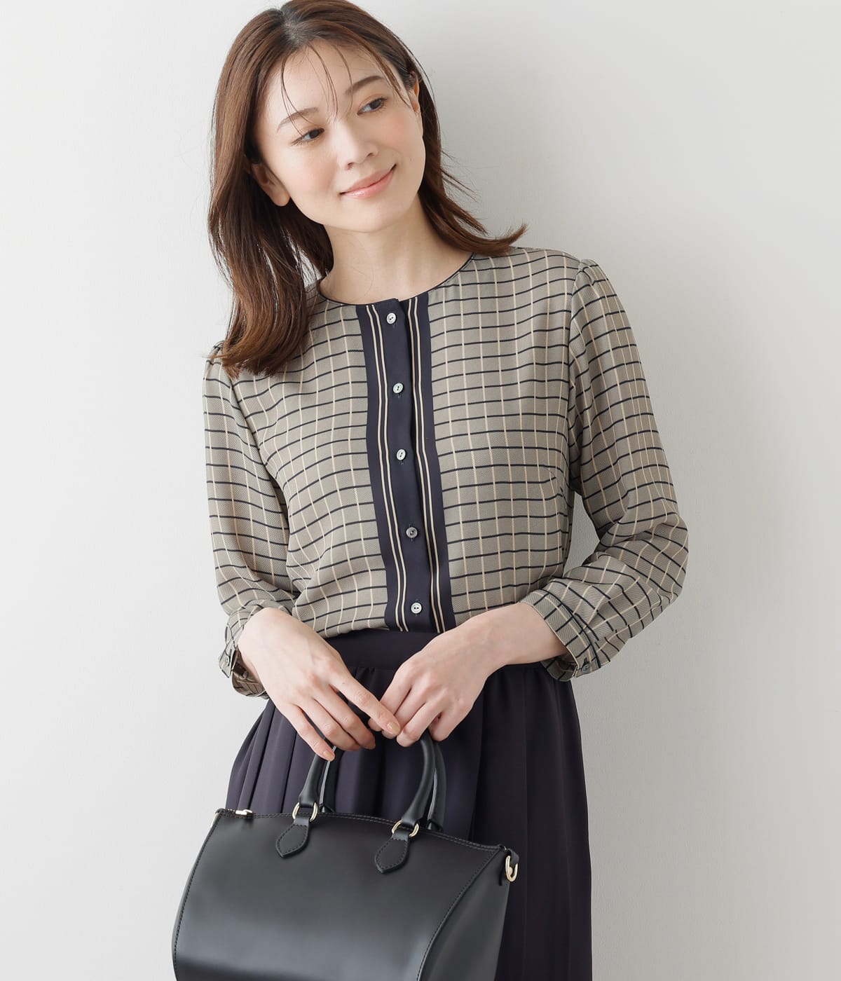 NY.ONLINEの【L】チェックパネルプリント 8分袖ノーカラーブラウス