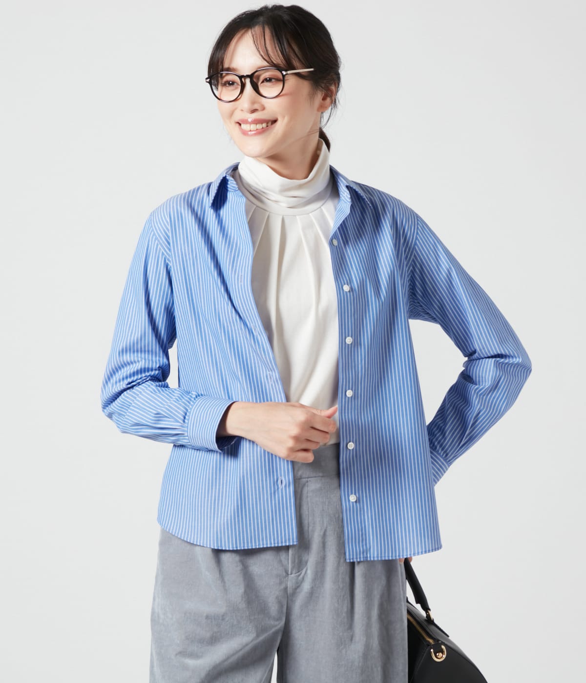 【L】シャンブレーダブルストライプ ハンサムフィットヨーク切替長袖シャツ