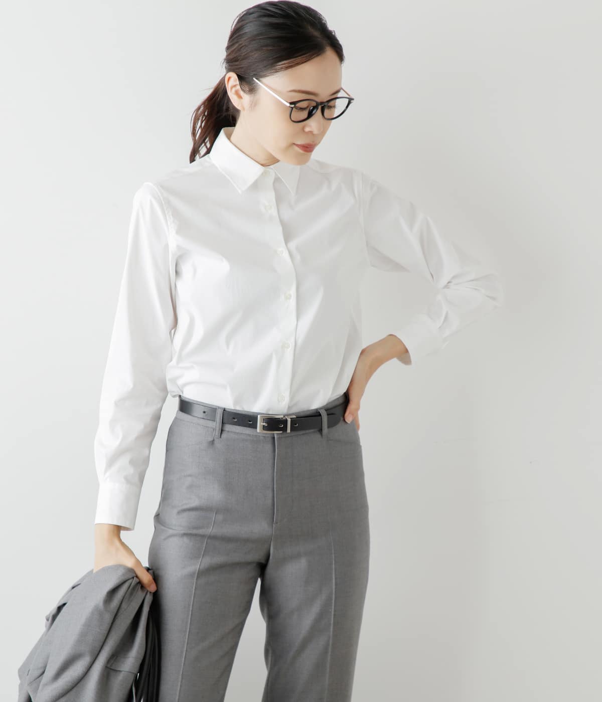 【L】ストレッチホワイトブロード 長袖シャツ