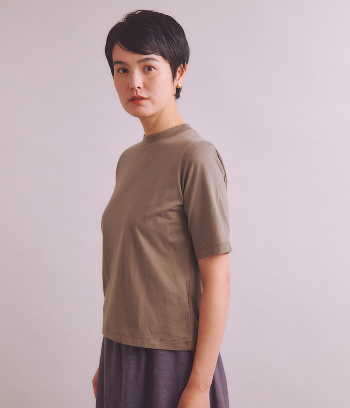 ［Elama］Organic Cotton Cross Jersey 5分袖モックネックプルオーバー