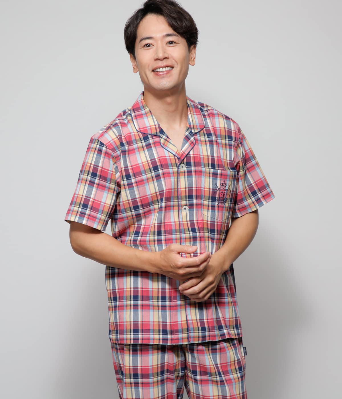 楊柳 チェック 半袖テーラードパジャマ