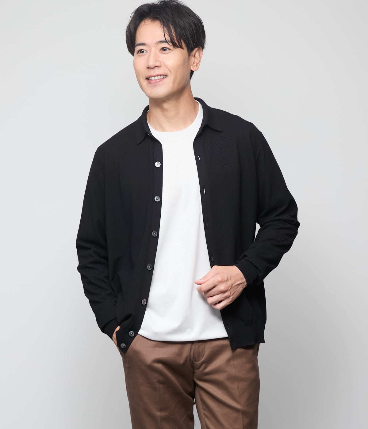 the wardrobe. newyorkerの【ウォッシャブル】編み柄襟付き カーディガン