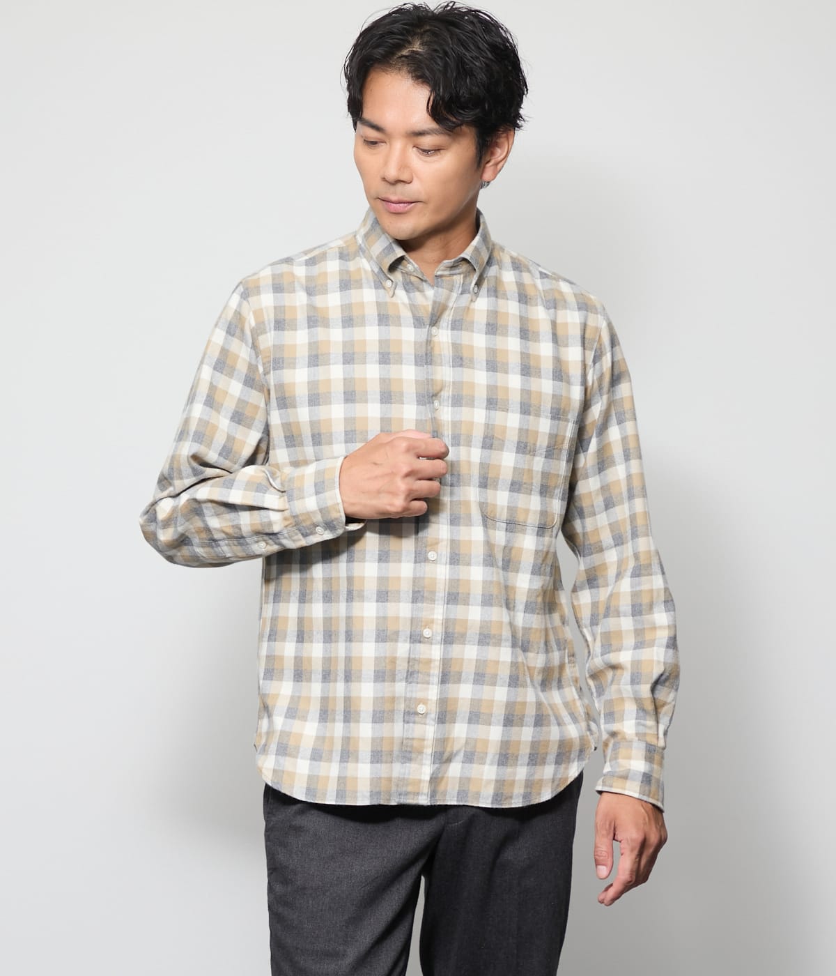 NUANCES COLOR MEASURE CHECK 起毛 ネルチェック 長袖ショートボタンダウンシャツ