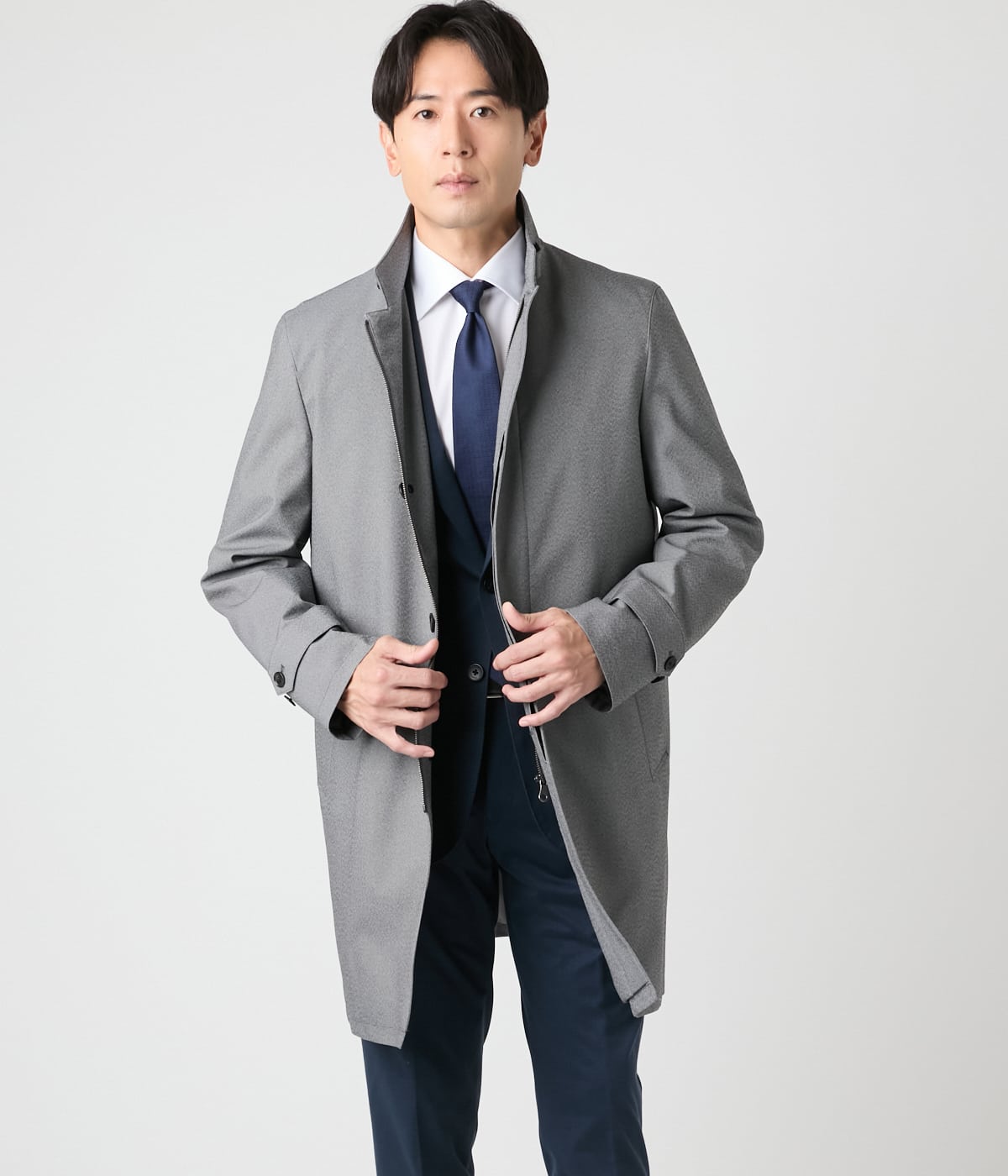 【防風・撥水】メランジシャークスキン ラミネート ビズスタンドカラーコート