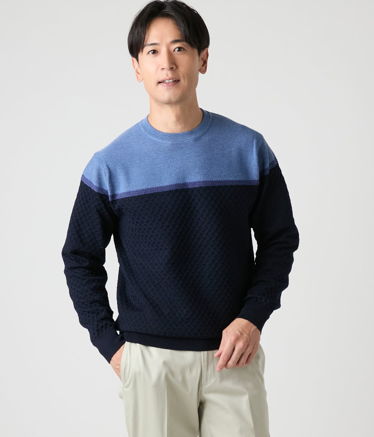 【ウォッシャブル】クルーネック ブロッキングニット