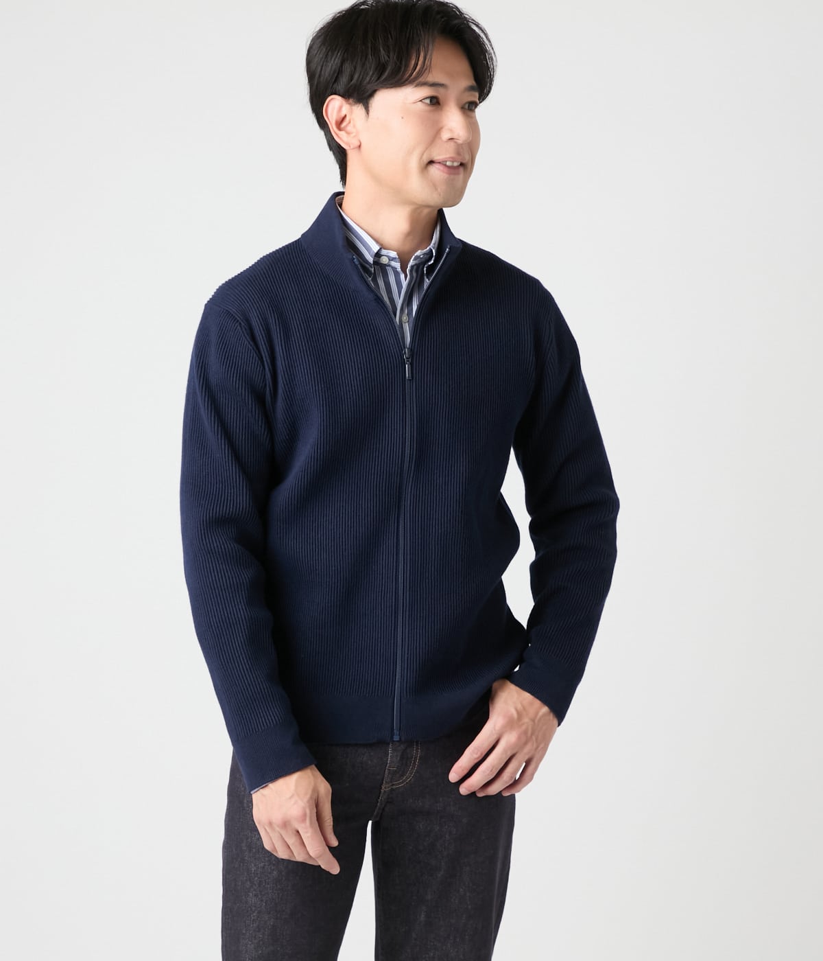 【ウォッシャブル】片畦 スタンドカラーフルジップアップニット