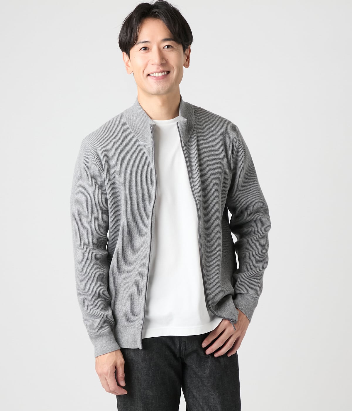 【ウォッシャブル】片畦 スタンドカラーフルジップアップニット