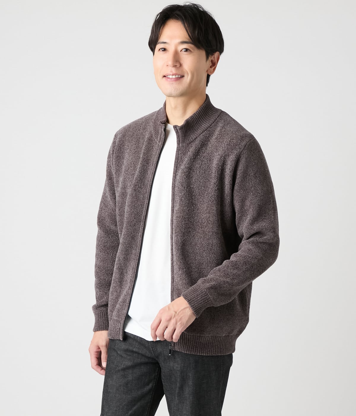 【ウォッシャブル】モール スタンドカラーフルジップアップニット