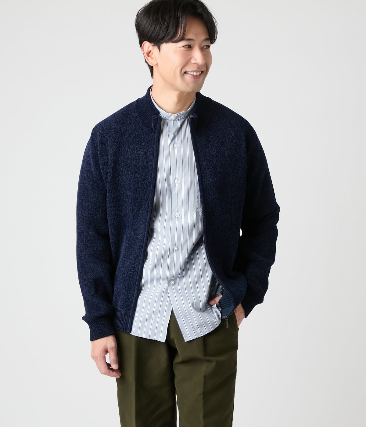 【ウォッシャブル】モール スタンドカラーフルジップアップニット