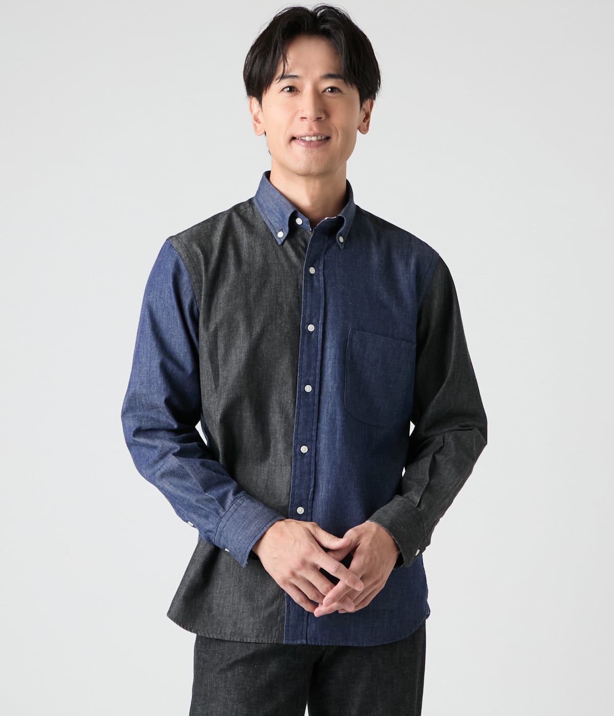 デニム風シャンブレーツイル 長袖ショートボタンダウンシャツ