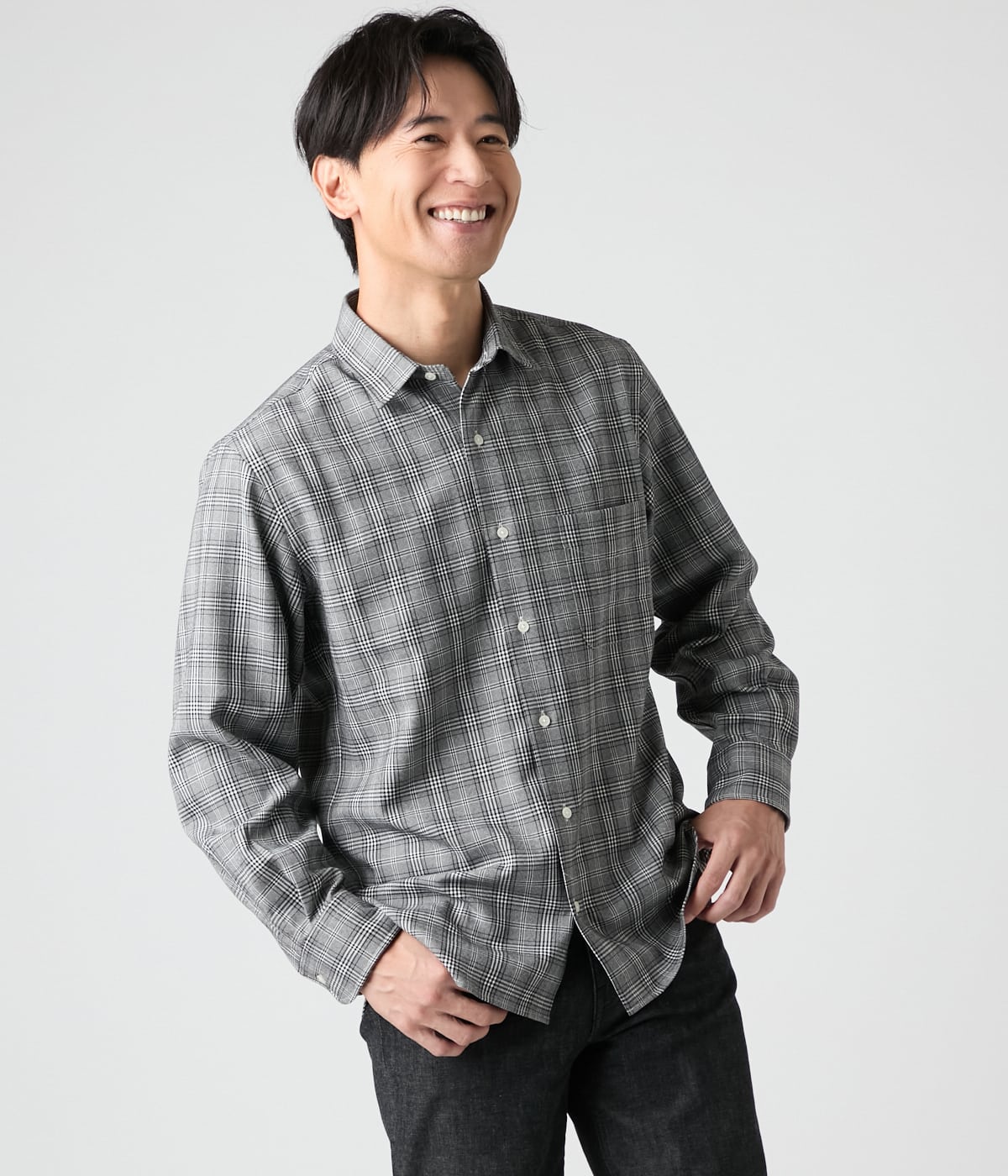 グレンチェック 長袖ショートポイントシャツ
