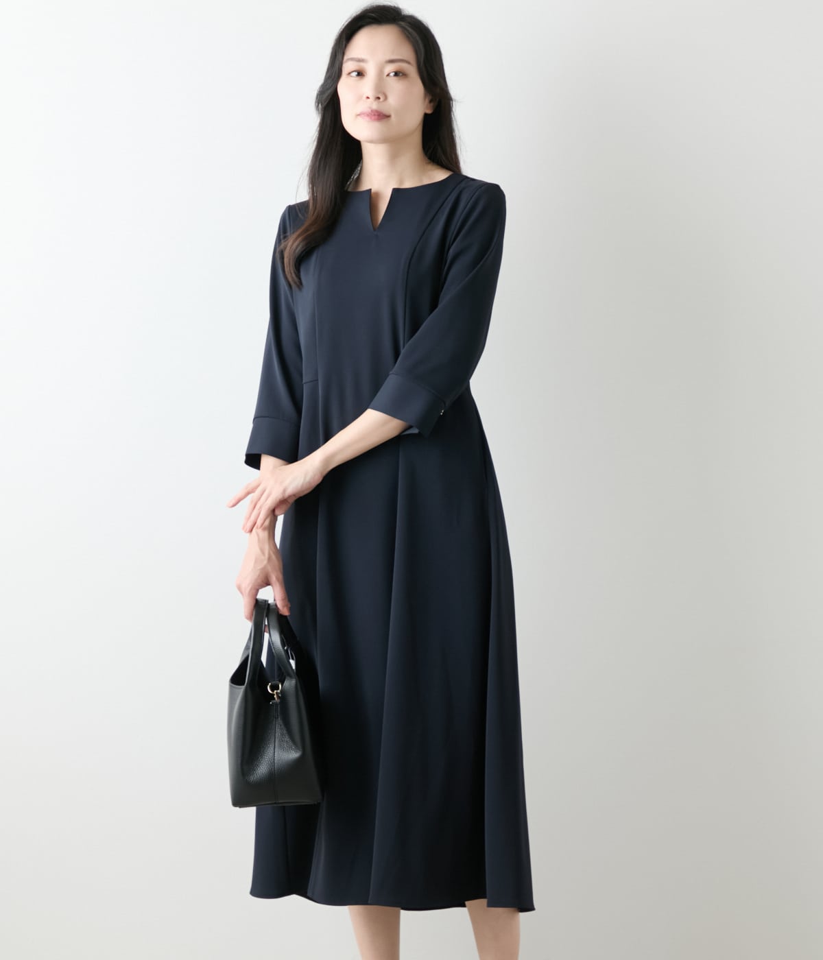 【WEB限定】DONEEYU(ドニーユ)  ダブルストレッチ 7分袖スリットワンピース