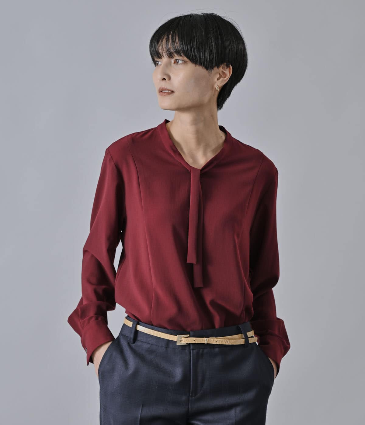シフォンストレッチ 身頃切り替えボウタイブラウス
