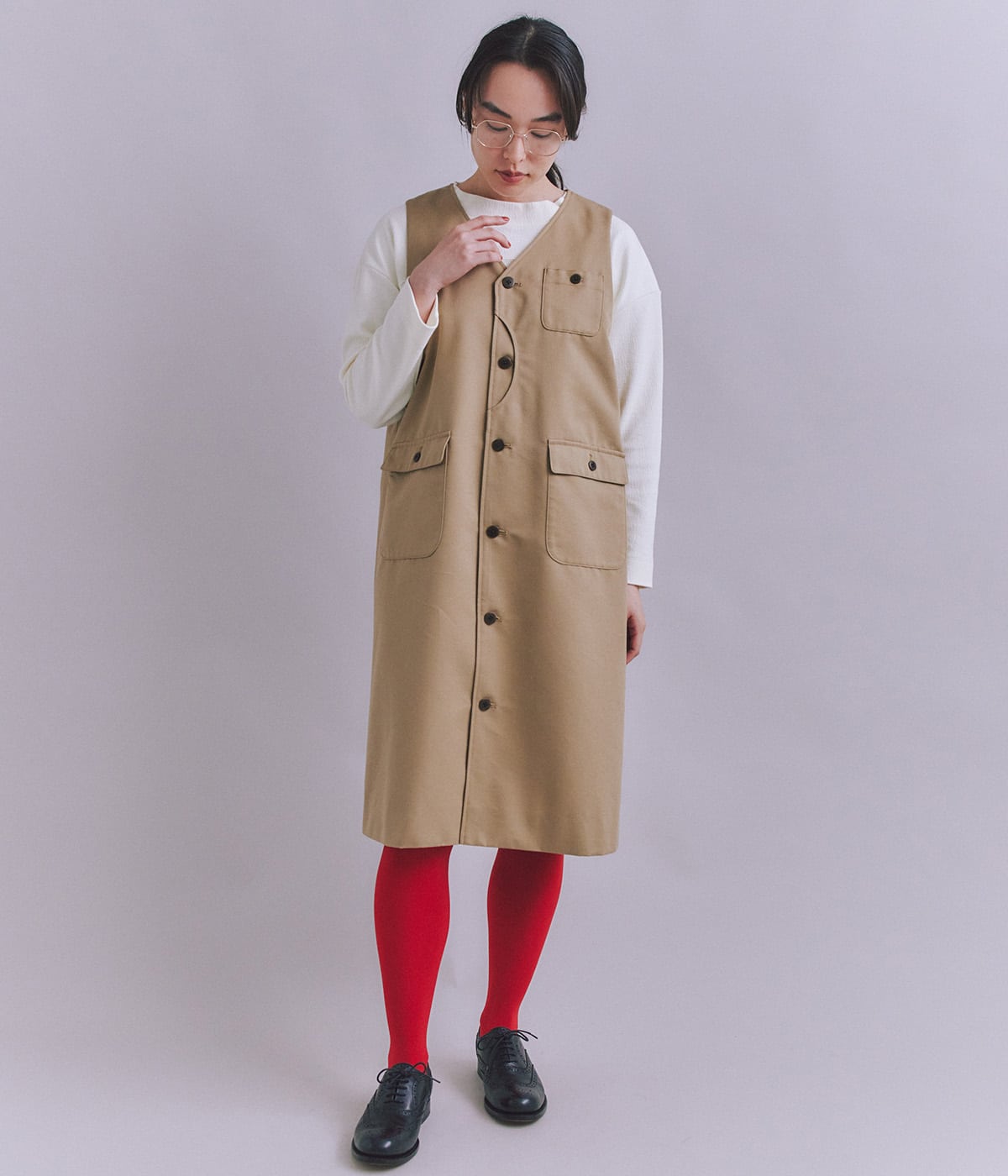 Coated Cotton Poly Twill ハーフムーンポケットドレス