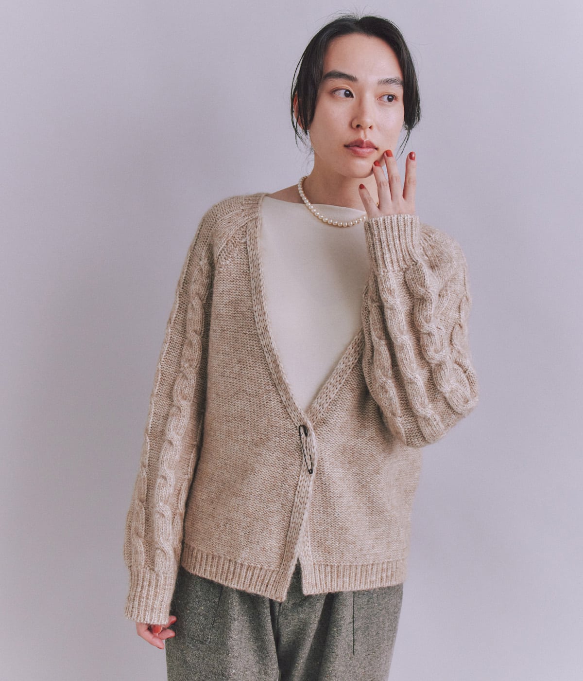 Cotton Alpaca ケーブルラグランニットカーディガン