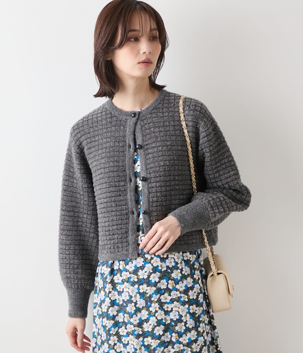 ブークレー格子柄 クルーネックショートカーディガン