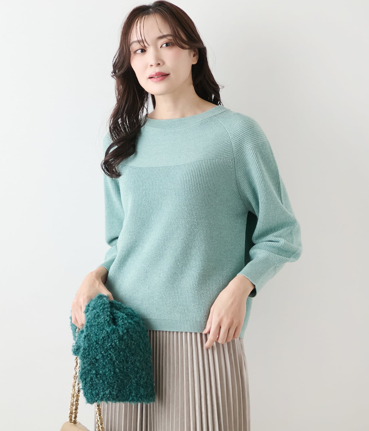 【手洗い可能】片畦ラメブレーティング クルーネックニット