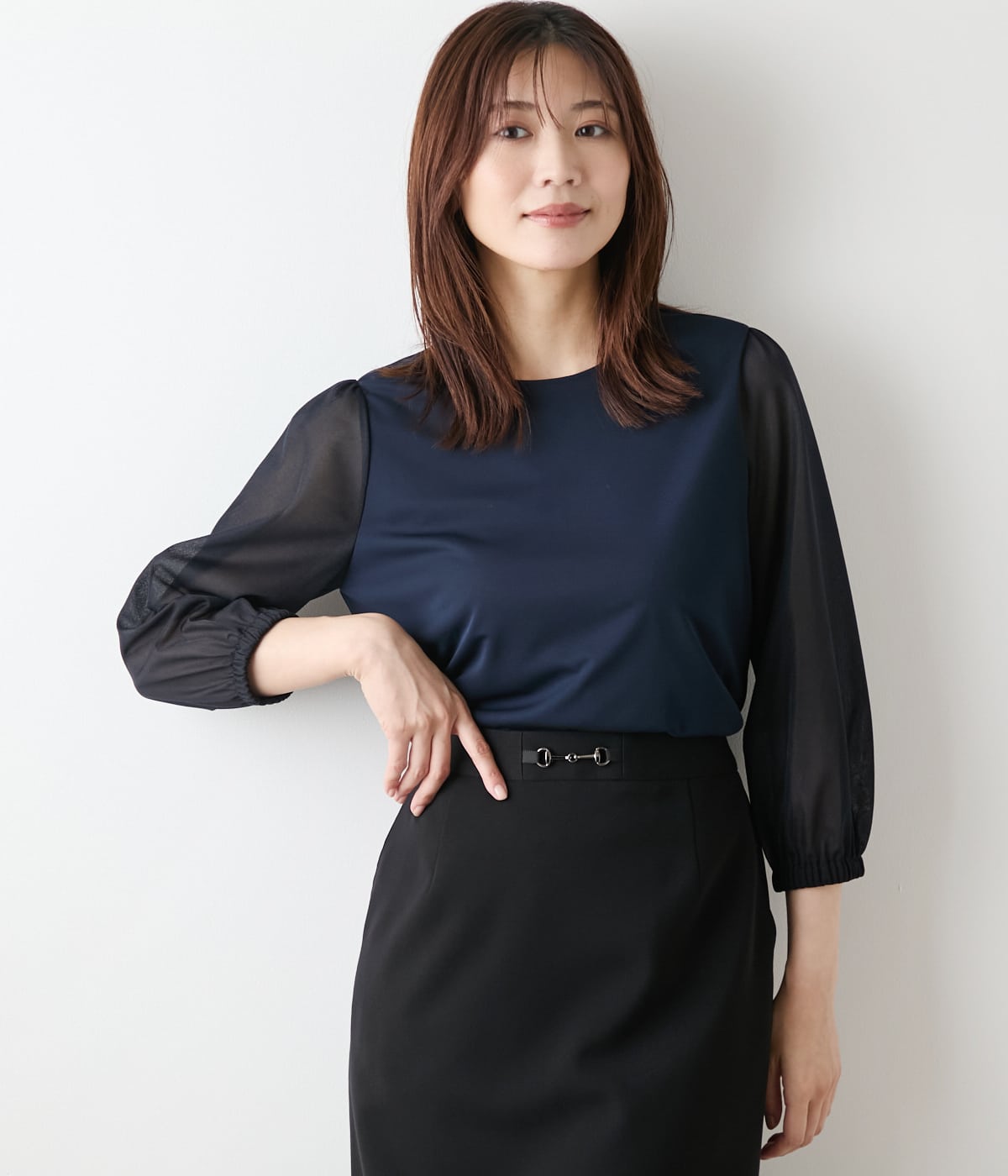 ポリエステル強撚スムース×トリコットオーガンジー 8分袖Tプルオーバー