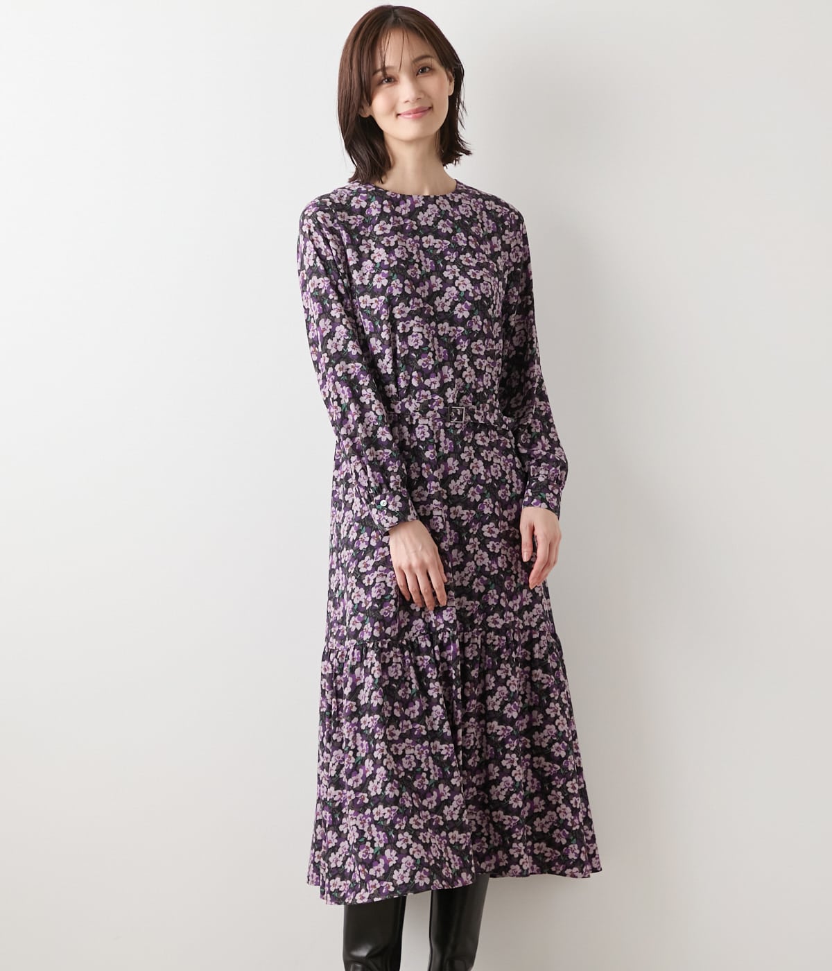 【L】【ウォッシャブル】ビオラフラワープリント ティアードギャザーロングワンピース